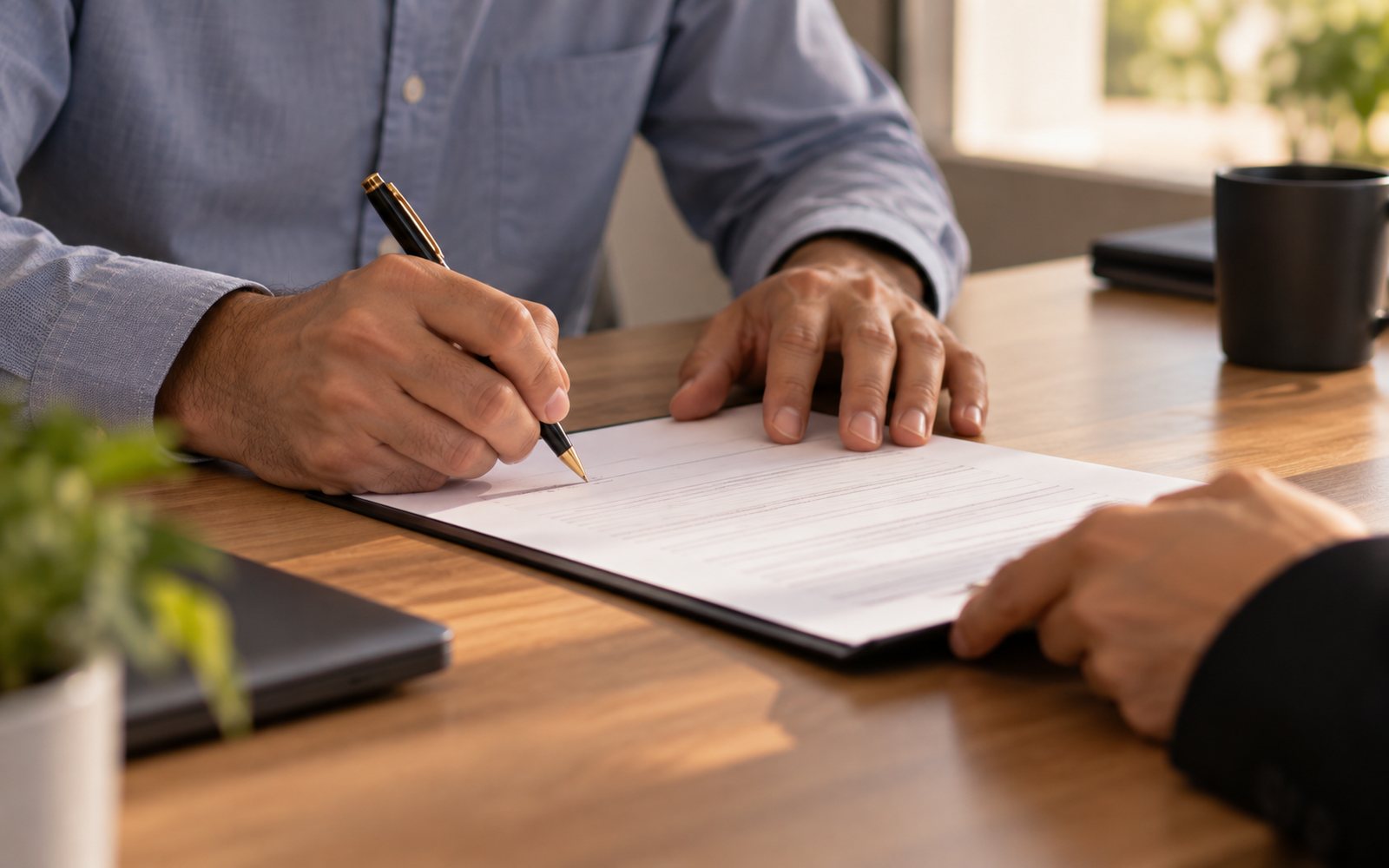 Manos firmando el contrato sobre la mesa,