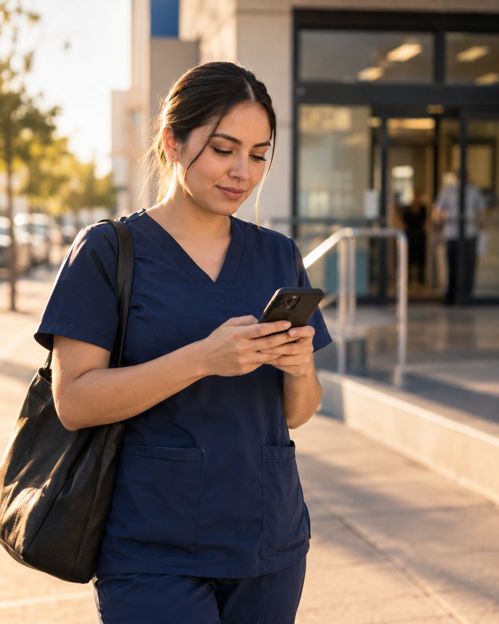 Mujer con uniforme médico revisando su teléfono al salir del trabajo